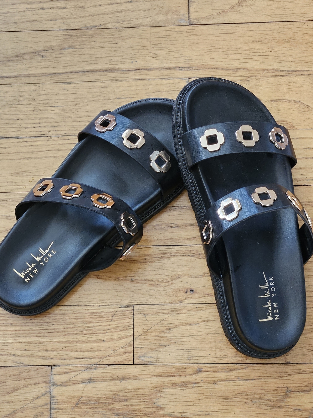 Nicole Miller Black Slide Sandals with Gold Accents - Picture 13 of 13